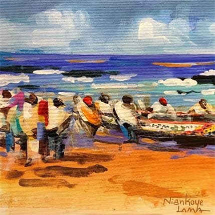 Painting L'ARRIVEE DES PECHEURS by Lama Niankoye | Painting Figurative Acrylic Life style