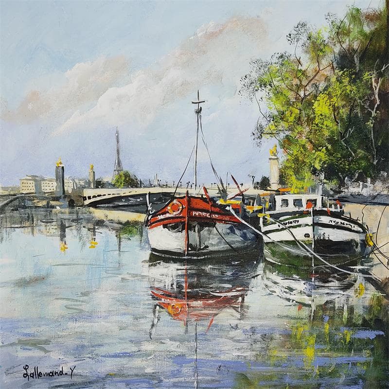 Peinture Péniches Pont Alexandre III par Lallemand Yves | Tableau Figuratif Urbain Acrylique