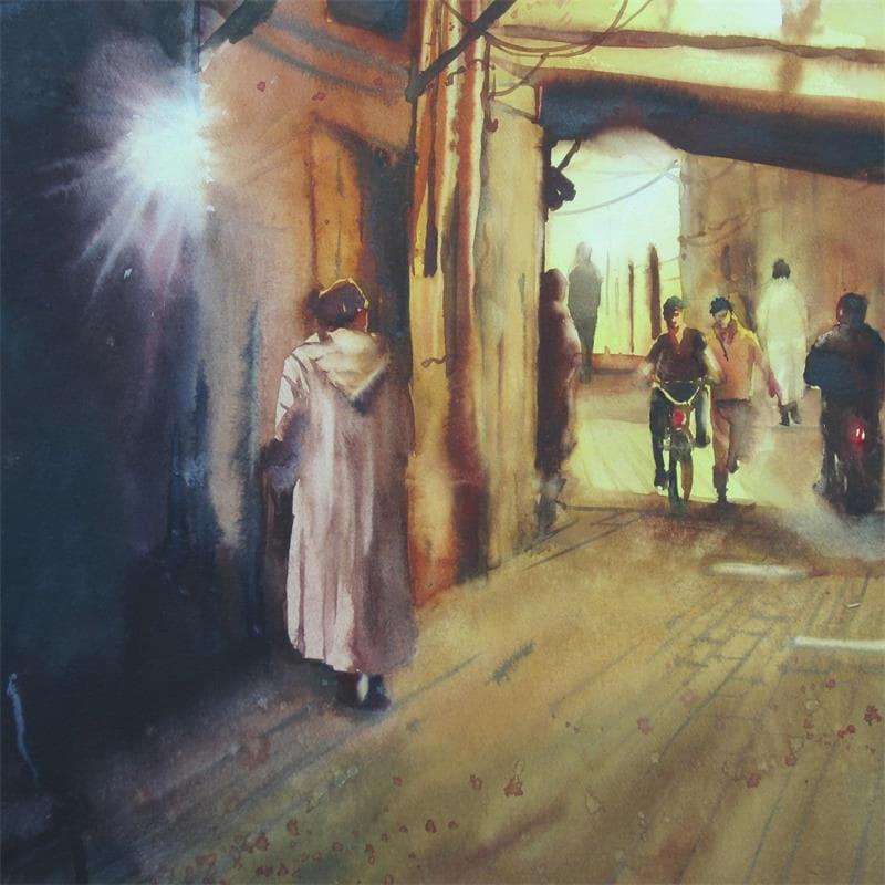 Peinture Dans le labyrinthe de la Médina par Abbatucci Violaine | Tableau Figuratif Scènes de vie Aquarelle