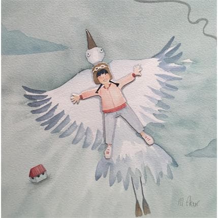 Peinture Alice et son oiseau blanc par Marjoline Fleur | Tableau Art naïf Scènes de vie