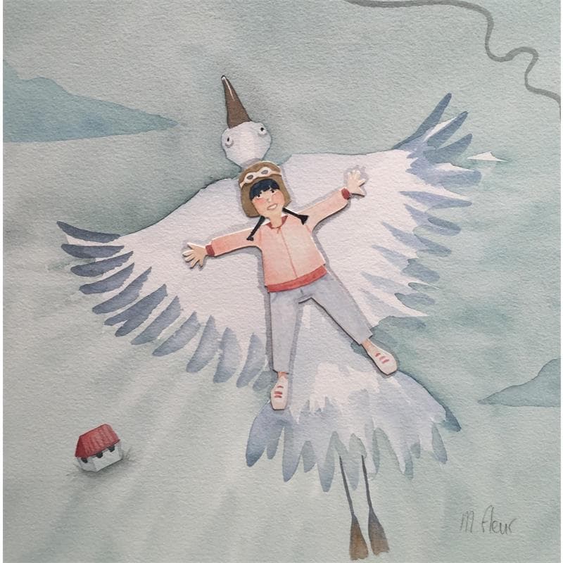 Peinture Alice et son oiseau blanc par Marjoline Fleur | Tableau Art naïf Scènes de vie