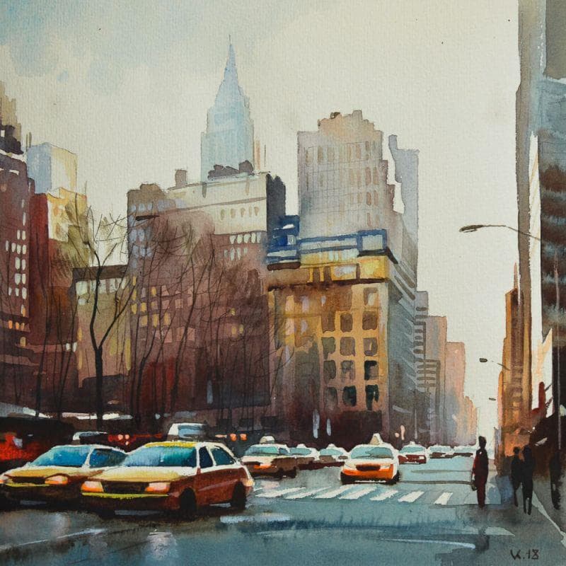 Pintura New York m6 por Khodakivskyi Vasily | Pintura Figurativo Urbano Acuarela