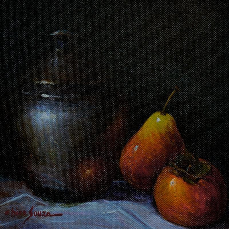 Painting Pear and silver by Chico Souza | Painting Figurative Still-life Oil