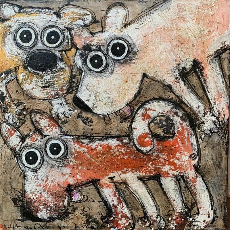 Painting 3 dogs by Maury Hervé | Painting Naive art Animals