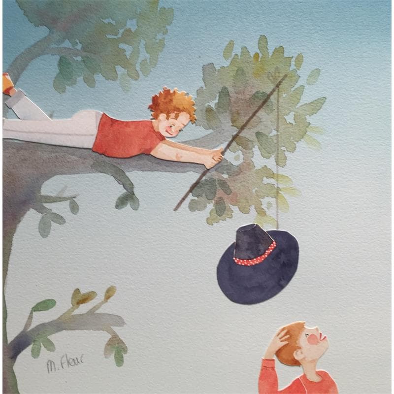 Gemälde La pêche au chapeau von Marjoline Fleur | Gemälde Naive Kunst Landschaften Aquarell