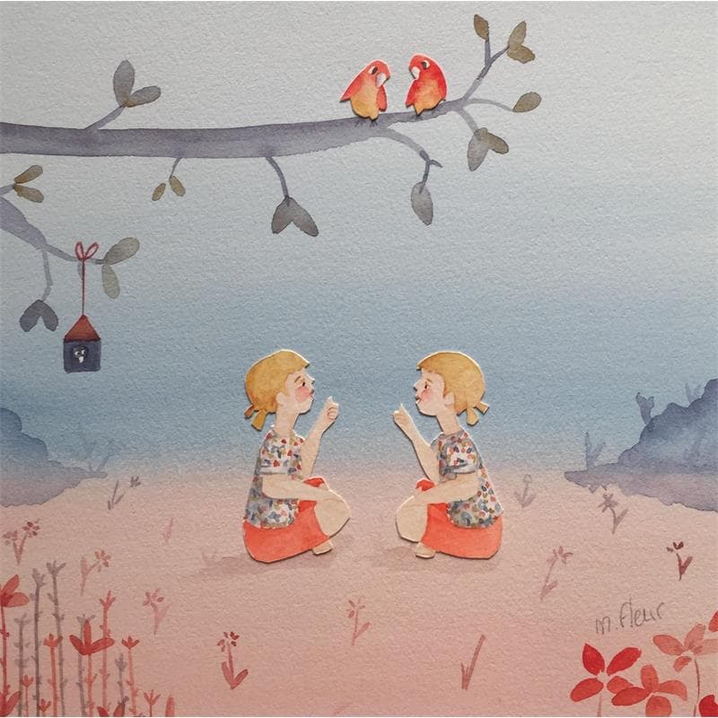 Peinture Les piplettes Lisette et Colette par Marjoline Fleur | Tableau Art naïf Paysages Aquarelle