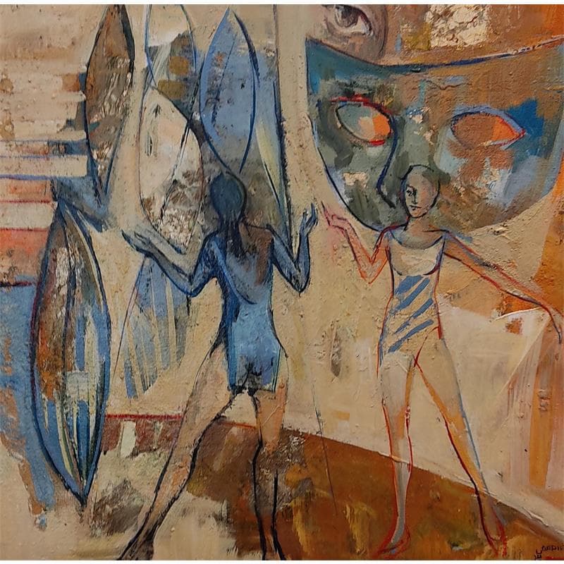 Gemälde Le masque von Machi | Gemälde Figurativ Alltagsszenen Öl Acryl