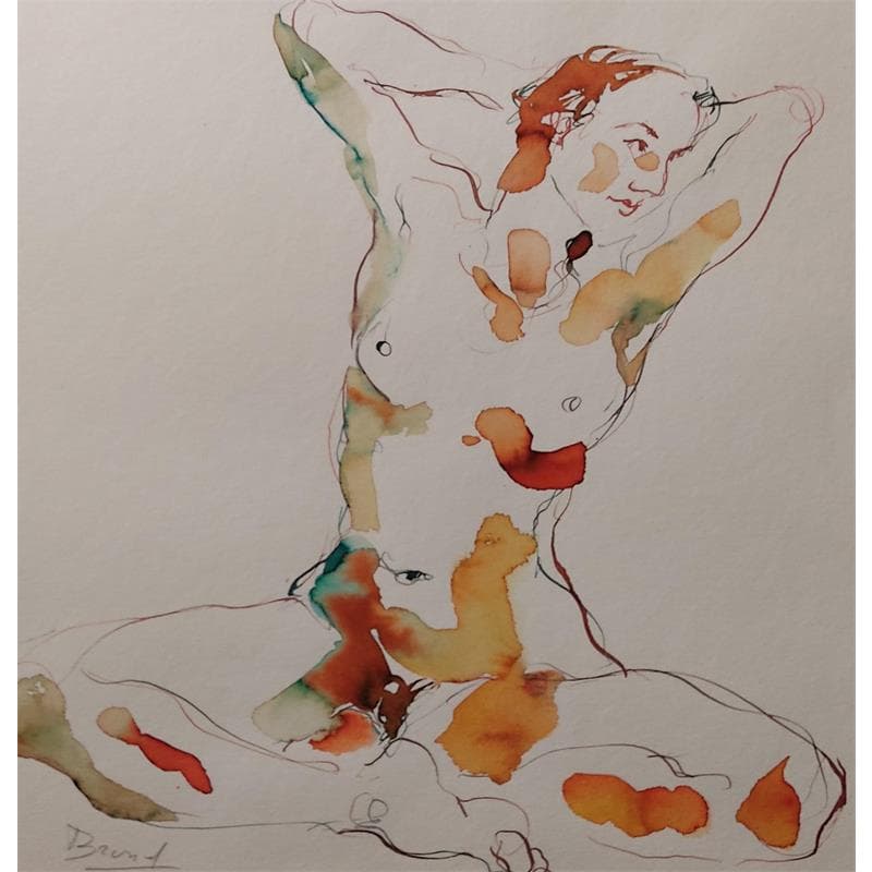 Painting méline accroupie by Brunel Sébastien | Painting Figurative Nude Watercolor