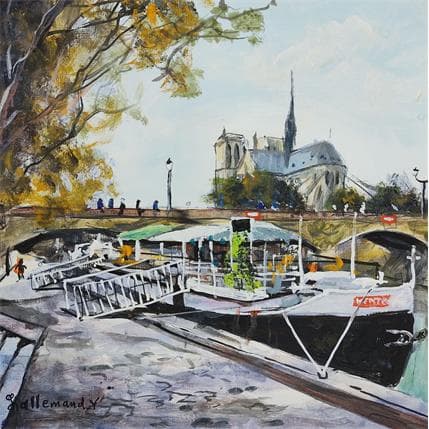 Peinture Quai de Seine - vue Notre Dame par Lallemand Yves | Tableau Figuratif Acrylique Scènes de vie, Urbain