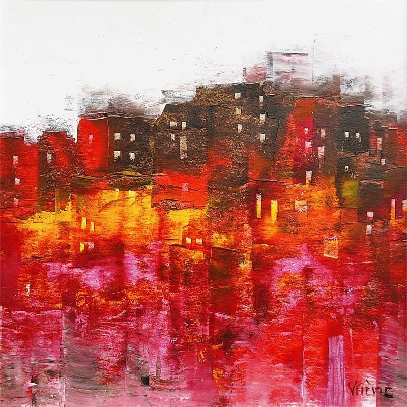 Peinture Village sur la colline #1 par Fièvre Véronique | Tableau Figuratif Urbain Acrylique