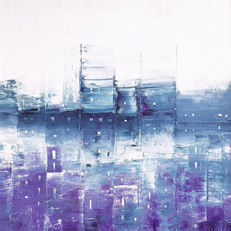 Peinture Maisons dans la brume #1 par Fièvre Véronique | Tableau Figuratif Urbain Acrylique