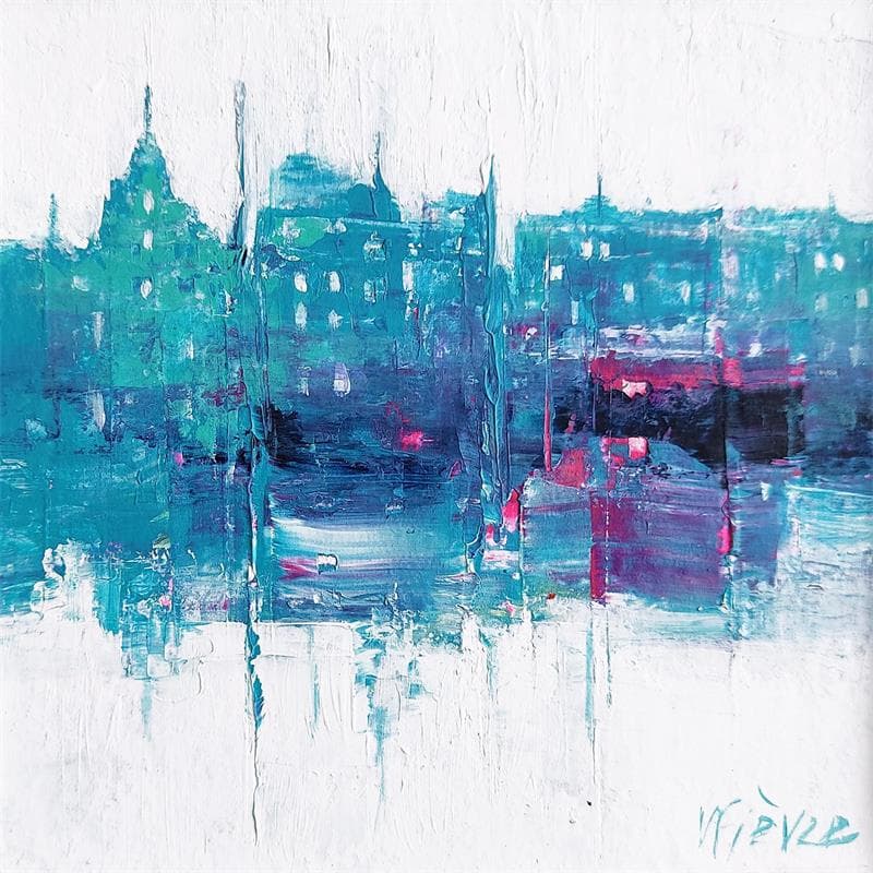 Peinture Vue en bleu sur la ville par Fièvre Véronique | Tableau Figuratif Urbain Acrylique