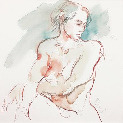 Peinture Lydie assise bleu et rose par Brunel Sébastien | Tableau Figuratif Aquarelle nu