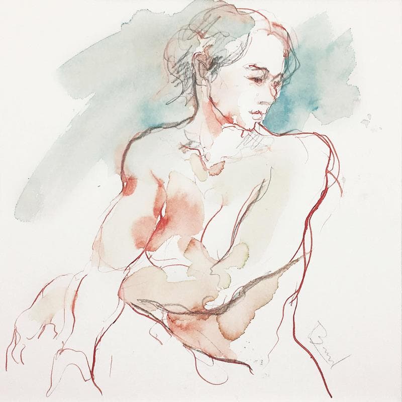 Peinture Lydie assise bleu et rose par Brunel Sébastien | Tableau Figuratif Nu Aquarelle