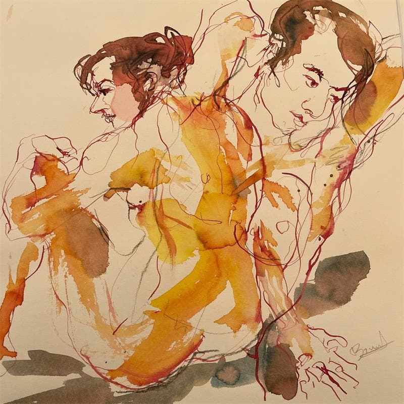 Painting Pauline dédoublée jaune by Brunel Sébastien | Painting Figurative Nude Watercolor