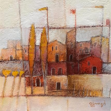 Painting AK114 VILLAGE AUX DEUX CYPRES by Burgi Roger | Painting Figurative Acrylic Landscapes