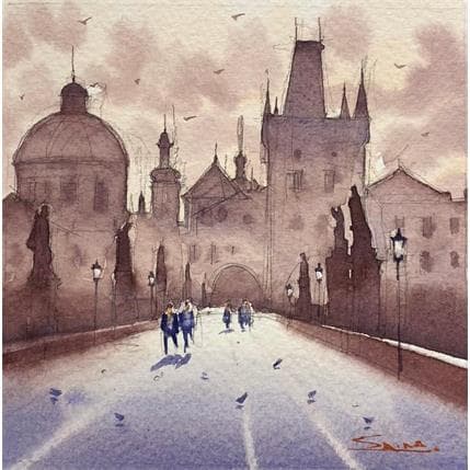 Painting Winter Morning, Prague by Dandapat Swarup | Painting Figurative Watercolor Life style, Urban