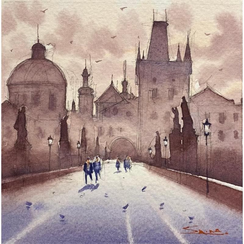 Painting Winter Morning, Prague by Dandapat Swarup | Painting Figurative Urban Life style Watercolor