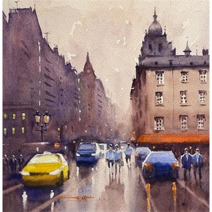 Peinture Rain in the city par Dandapat Swarup | Tableau Figuratif Aquarelle Paysages, Scènes de vie, Urbain