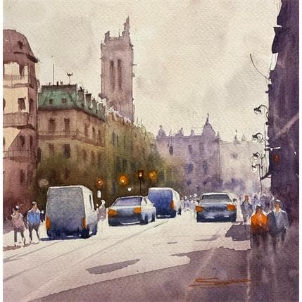 Gemälde Rue de Rivoli, Paris von Dandapat Swarup | Gemälde Figurativ Aquarell Alltagsszenen, Landschaften, Urban