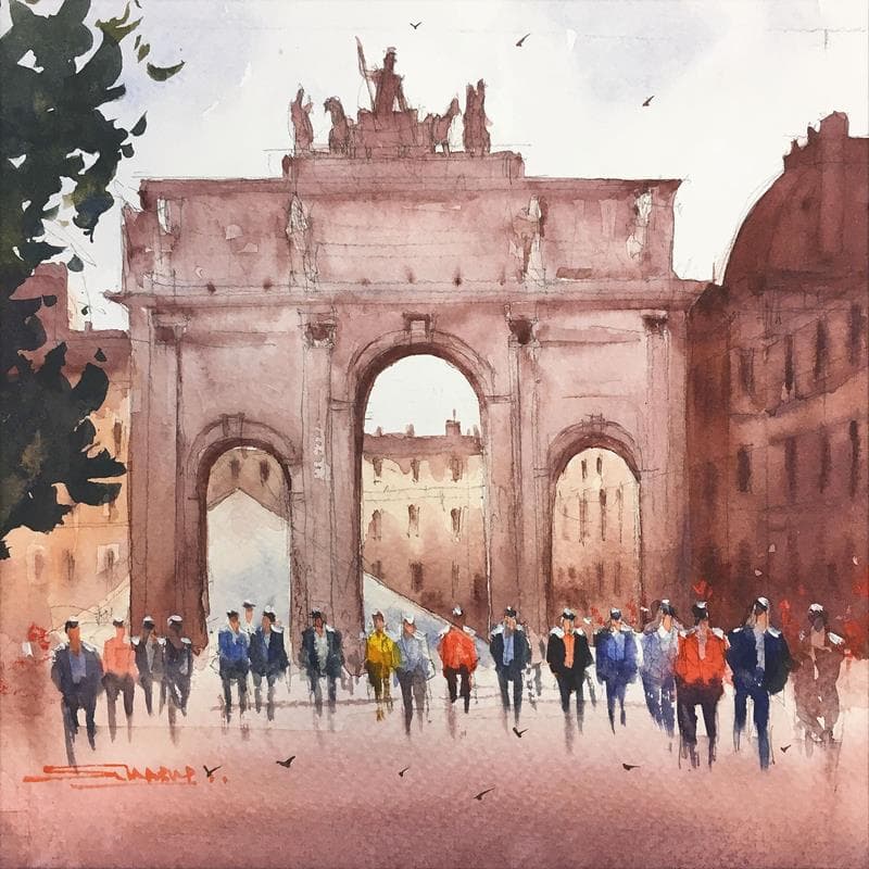 Painting In front of Louvre by Dandapat Swarup | Painting Figurative Urban Watercolor