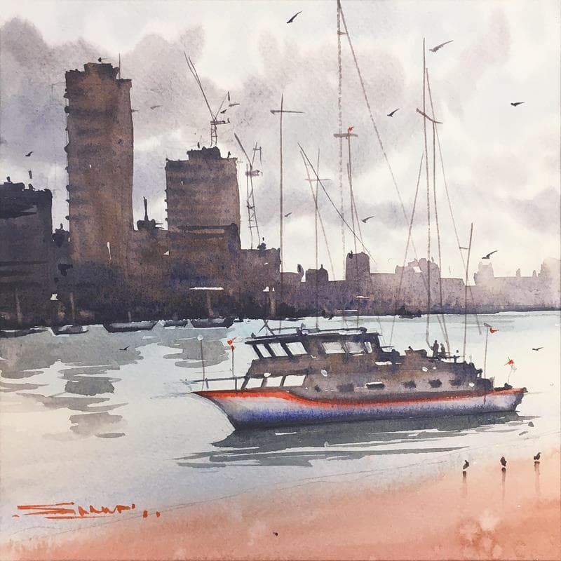 Painting Sailing with birds by Dandapat Swarup | Painting Figurative Marine Watercolor