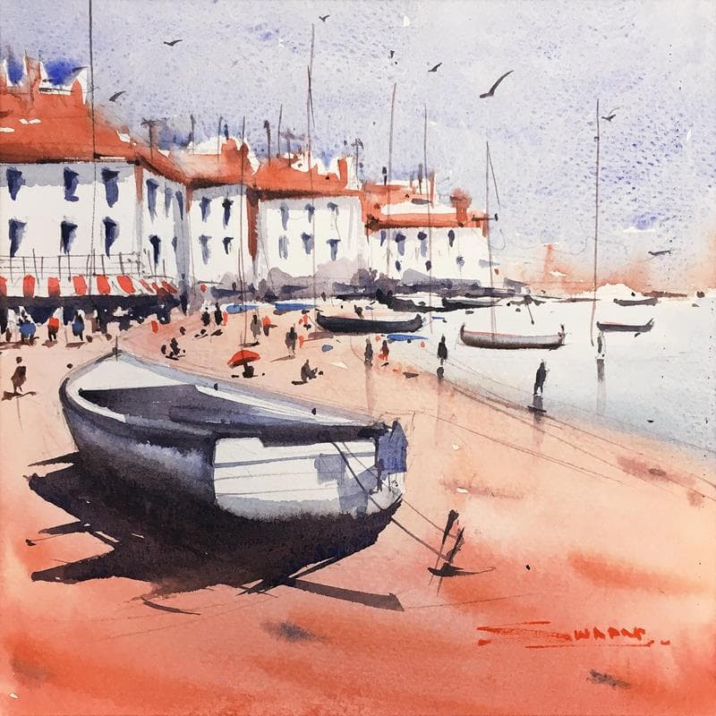 Peinture Summer in seaside par Dandapat Swarup | Tableau Figuratif Marine Aquarelle