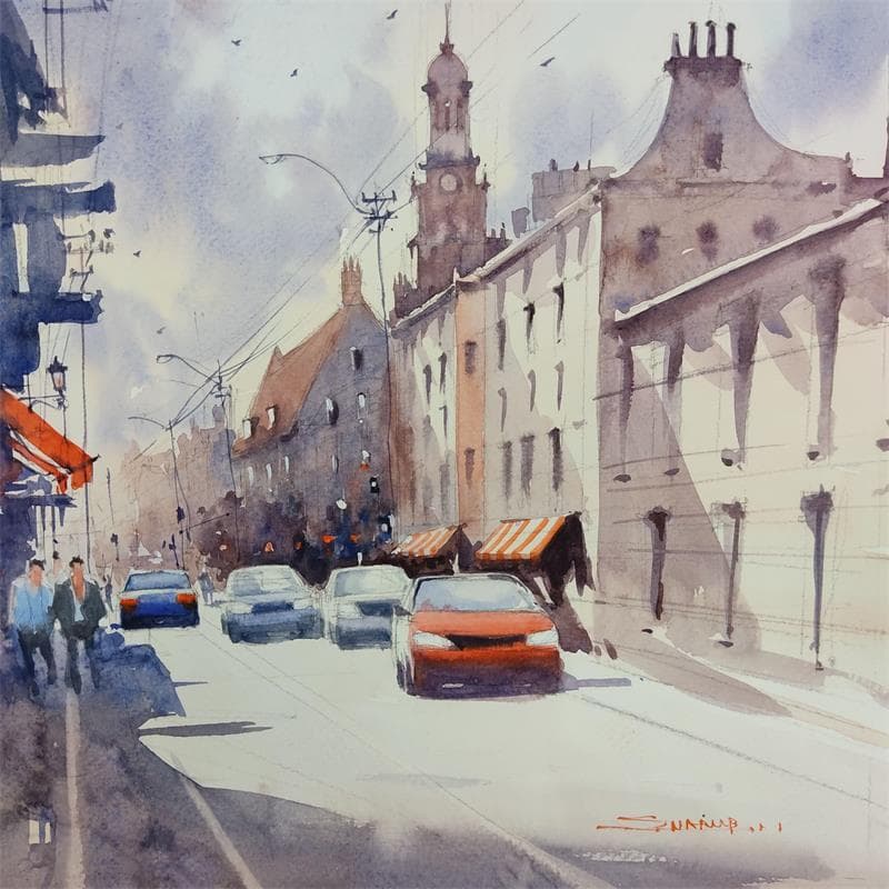 Gemälde City of light von Dandapat Swarup | Gemälde Figurativ Urban Aquarell