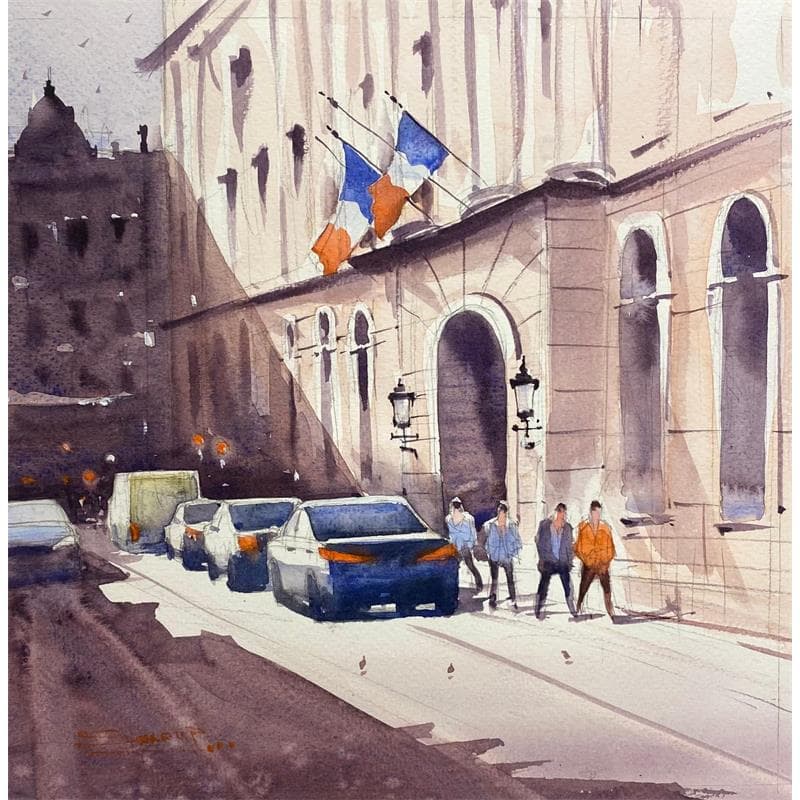 Gemälde City lights von Dandapat Swarup | Gemälde Figurativ Landschaften Urban Alltagsszenen Aquarell