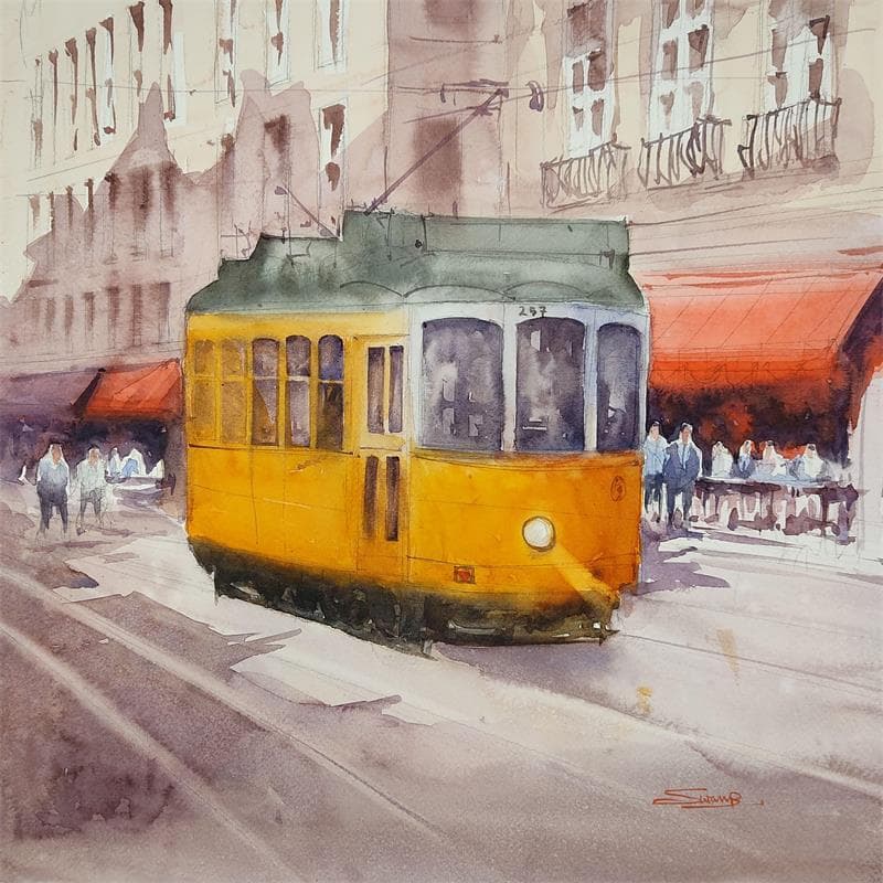 Painting A Tram Ride by Dandapat Swarup | Painting Figurative Urban Watercolor