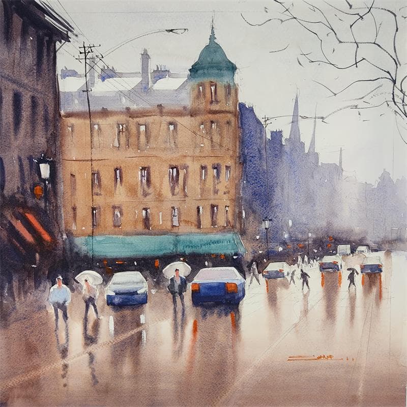 Peinture Rain in the city 3 par Dandapat Swarup | Tableau Figuratif Urbain Aquarelle