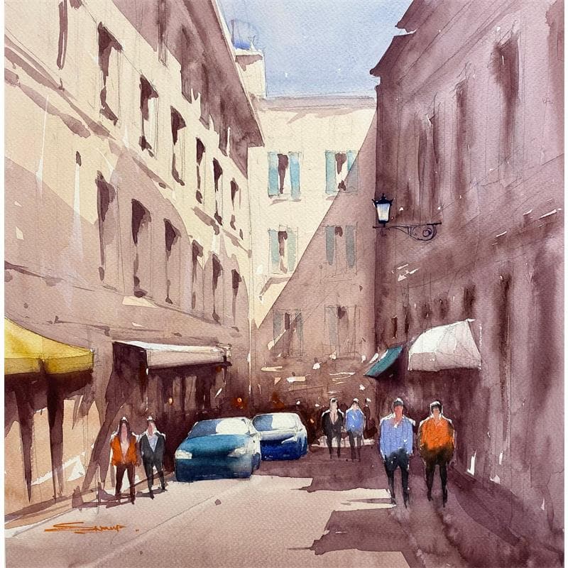 Pintura City aley por Dandapat Swarup | Pintura Figurativo Paisajes Urbano Life style Acuarela