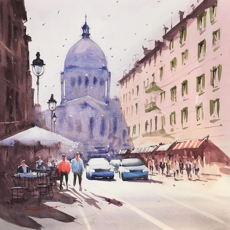 Painting Rue de Soufflot by Dandapat Swarup | Painting Figurative Urban Watercolor