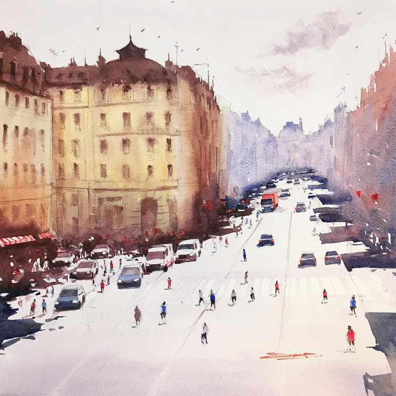Peinture Avenue de l'Opéra II par Dandapat Swarup | Tableau Figuratif Urbain Aquarelle