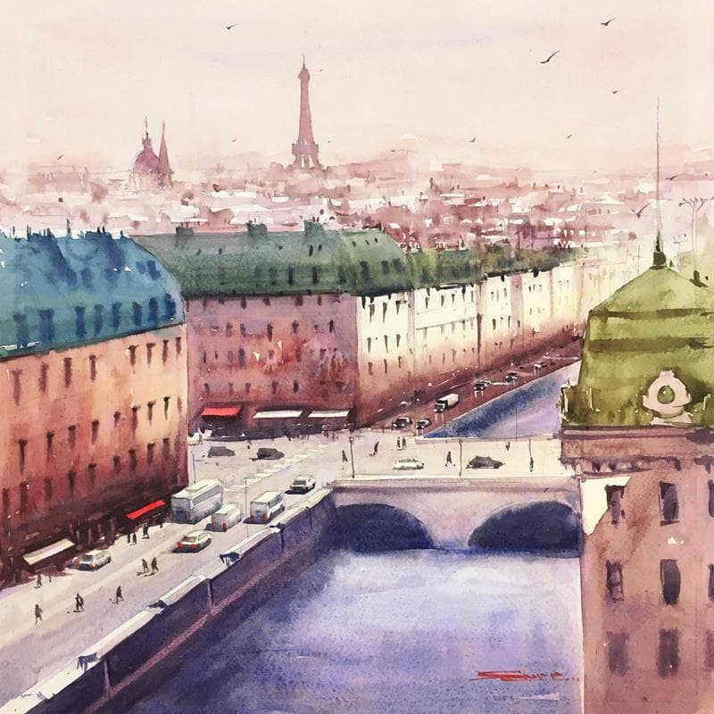 Pintura Paris in sunshine por Dandapat Swarup | Pintura Figurativo Urbano Acuarela