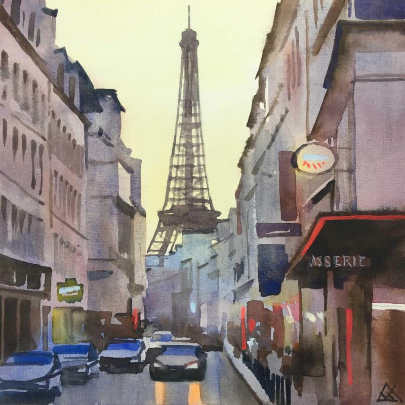 Pintura Paris s'éveille por Khodakivskyi Vasily | Pintura Figurativo Urbano Acuarela