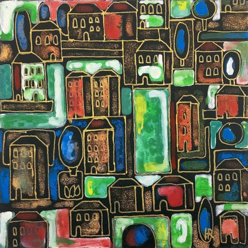 Gemälde G88 Green town von Ragas Huub | Gemälde Figurativ Urban Acryl