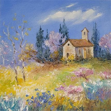 Pintura Chapelle dans les fleurs por Lyn | Pintura Figurativo Aceite Paisajes