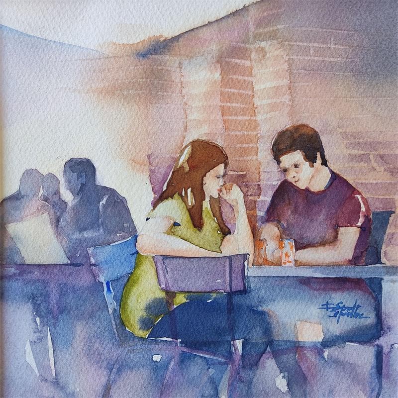 Gemälde Rendez-vous dans la ville rose von Seruch Capouillez Isabelle | Gemälde Figurativ Alltagsszenen Aquarell