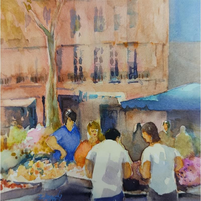 Painting Marché sur les boulevards by Seruch Capouillez Isabelle | Painting Figurative Urban Life style Watercolor