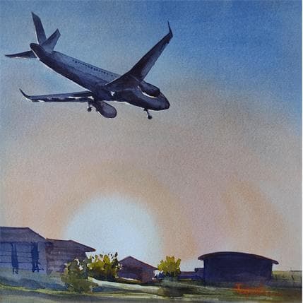 Gemälde Atterrissage von Seruch Capouillez Isabelle | Gemälde Figurativ Aquarell Urban