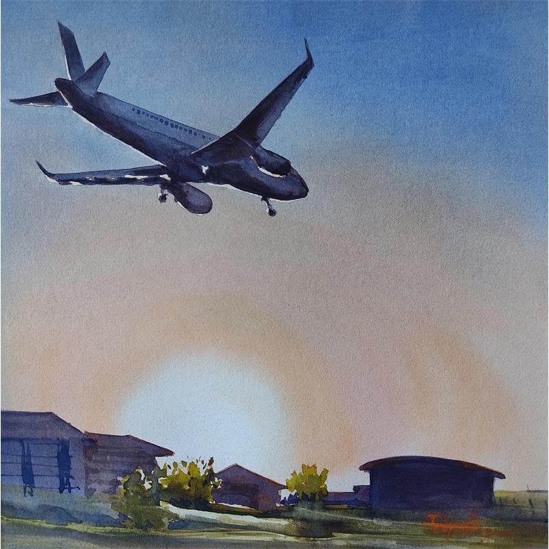 Peinture Atterrissage par Seruch Capouillez Isabelle | Tableau Figuratif Urbain Aquarelle