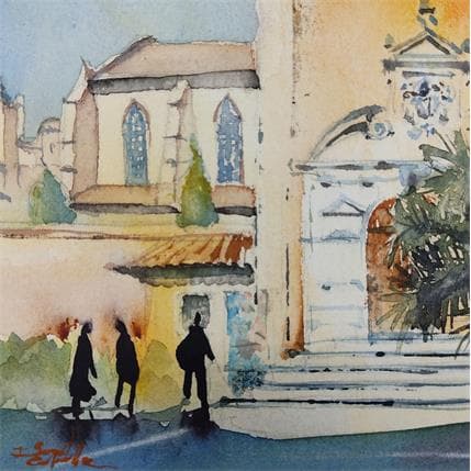 Gemälde Face aux augustins von Seruch Capouillez Isabelle | Gemälde Figurativ Aquarell Alltagsszenen, Urban