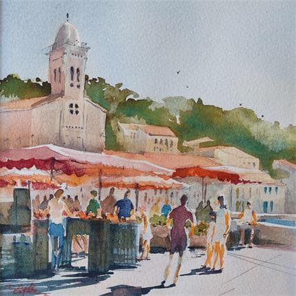 Gemälde Marché Port-Vendres von Seruch Capouillez Isabelle | Gemälde Figurativ Aquarell Alltagsszenen, Urban