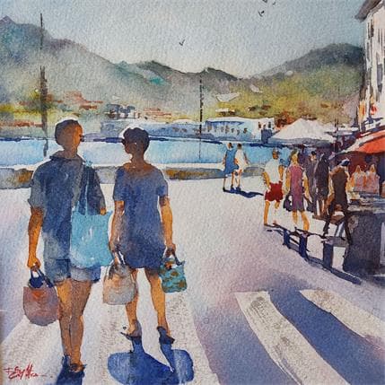 Gemälde Samedi à Port-Vendres von Seruch Capouillez Isabelle | Gemälde Figurativ Aquarell Alltagsszenen