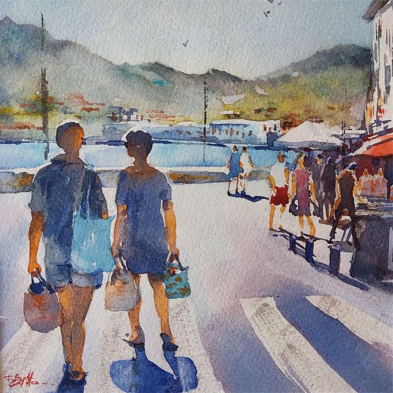 Gemälde Samedi à Port-Vendres von Seruch Capouillez Isabelle | Gemälde Figurativ Alltagsszenen Aquarell