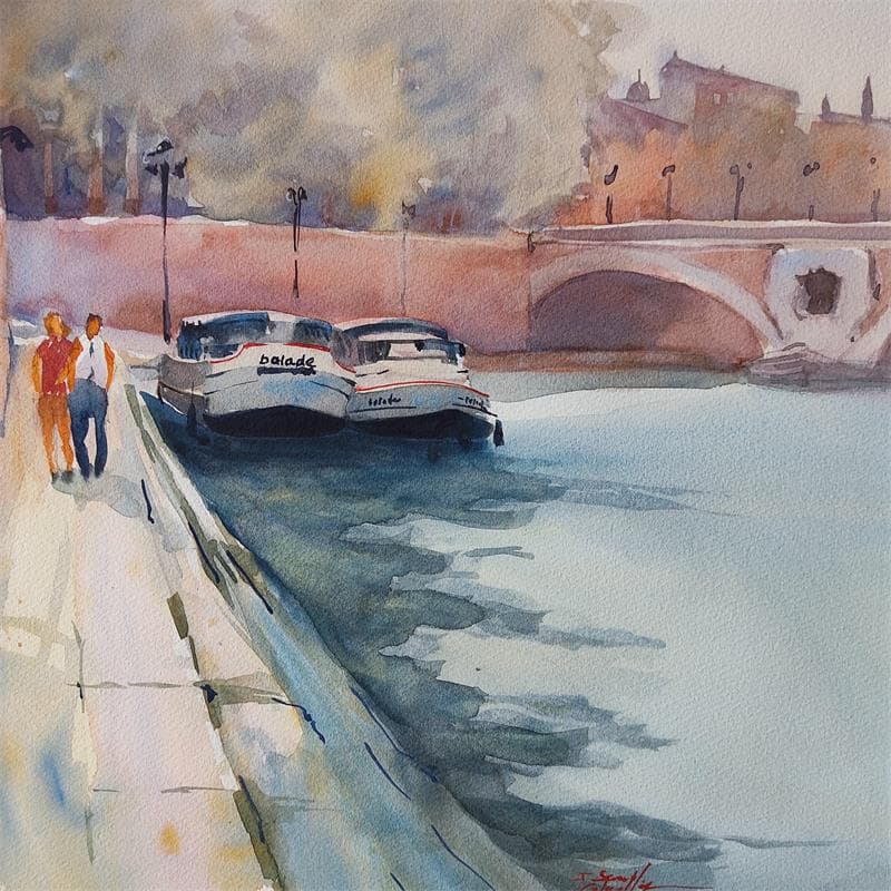 Painting La balade by Seruch Capouillez Isabelle | Painting Figurative Urban Life style Watercolor