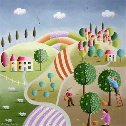 Painting La cueillette des pommes by Davy Bouttier Elisabeth | Painting Naive art Oil Life style