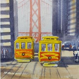 Peinture Yellow trains par Jones Henry | Tableau Figuratif Aquarelle Urbain