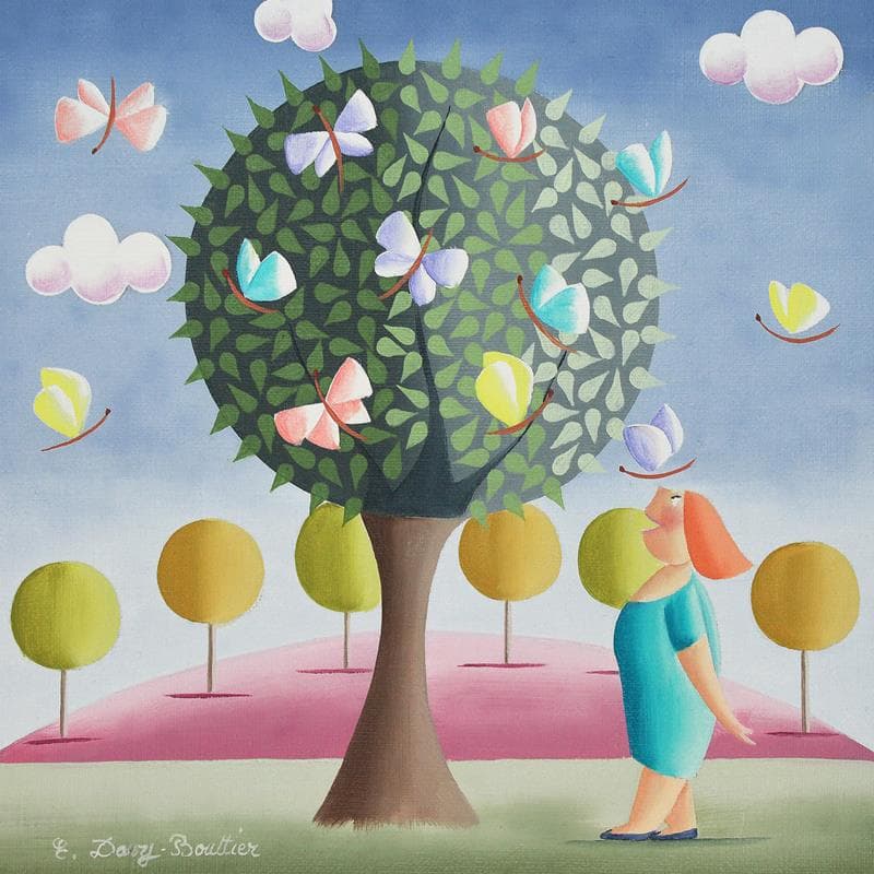 Peinture L'arbre des papillons par Davy Bouttier Elisabeth | Tableau Art naïf Scènes de vie Huile